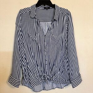 Striped Knot-Front Button-Up Shirt - Navy/White